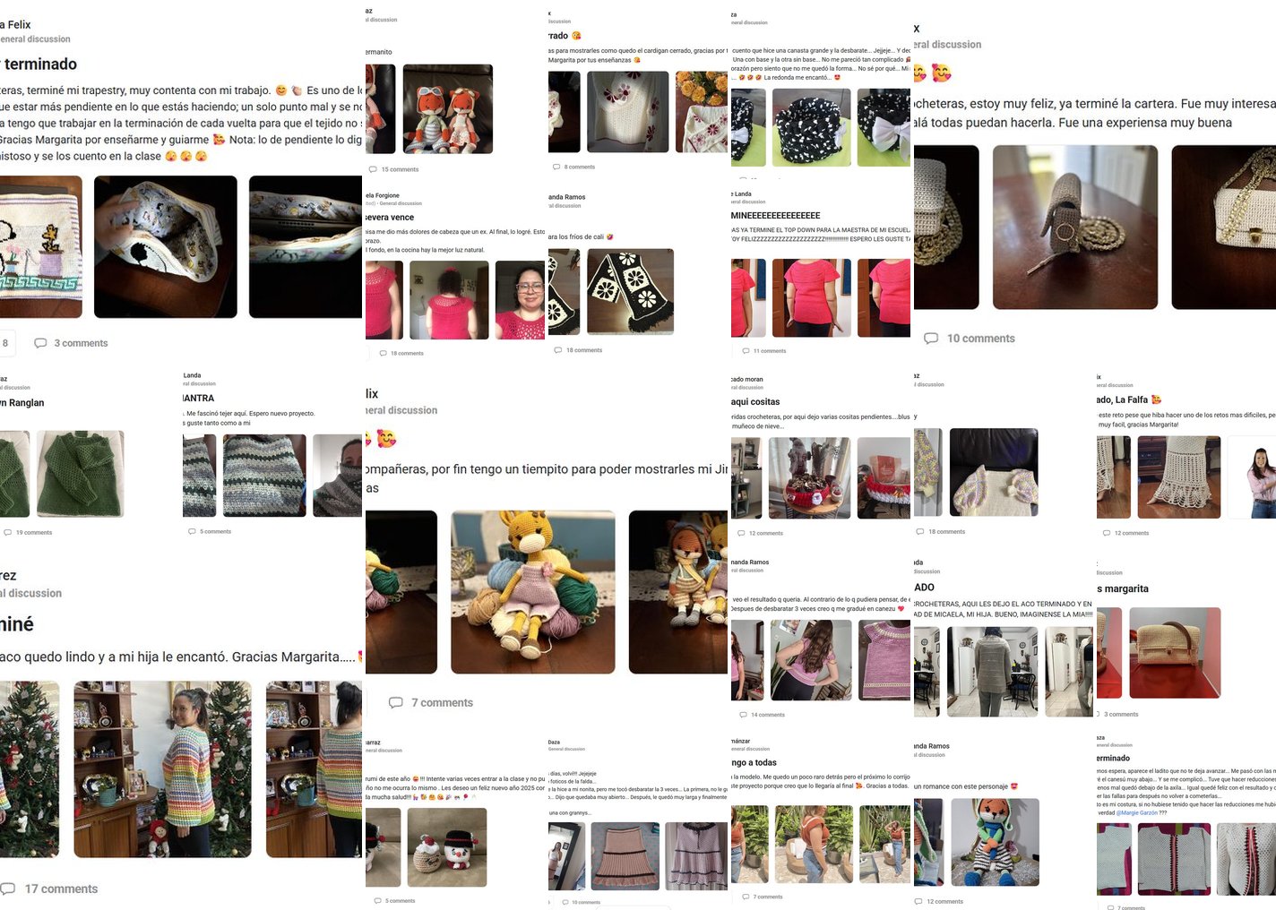 Wall de testimonios — muchas crocheteras del Club mostrando sus prendas terminadas